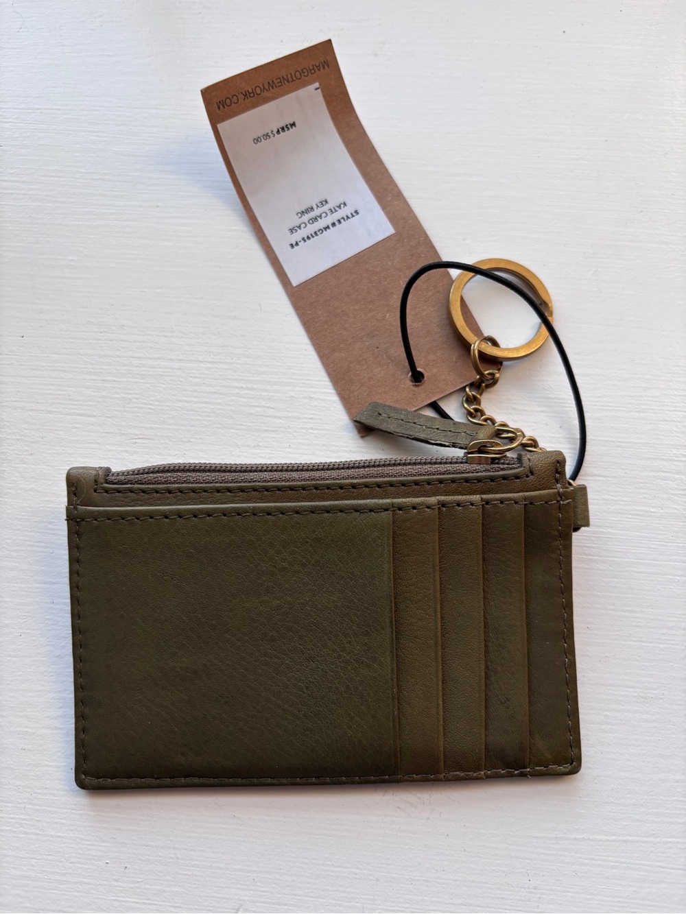 Margot Olive Leather Zip Card Case with Key Ring - Picture 2 of 2